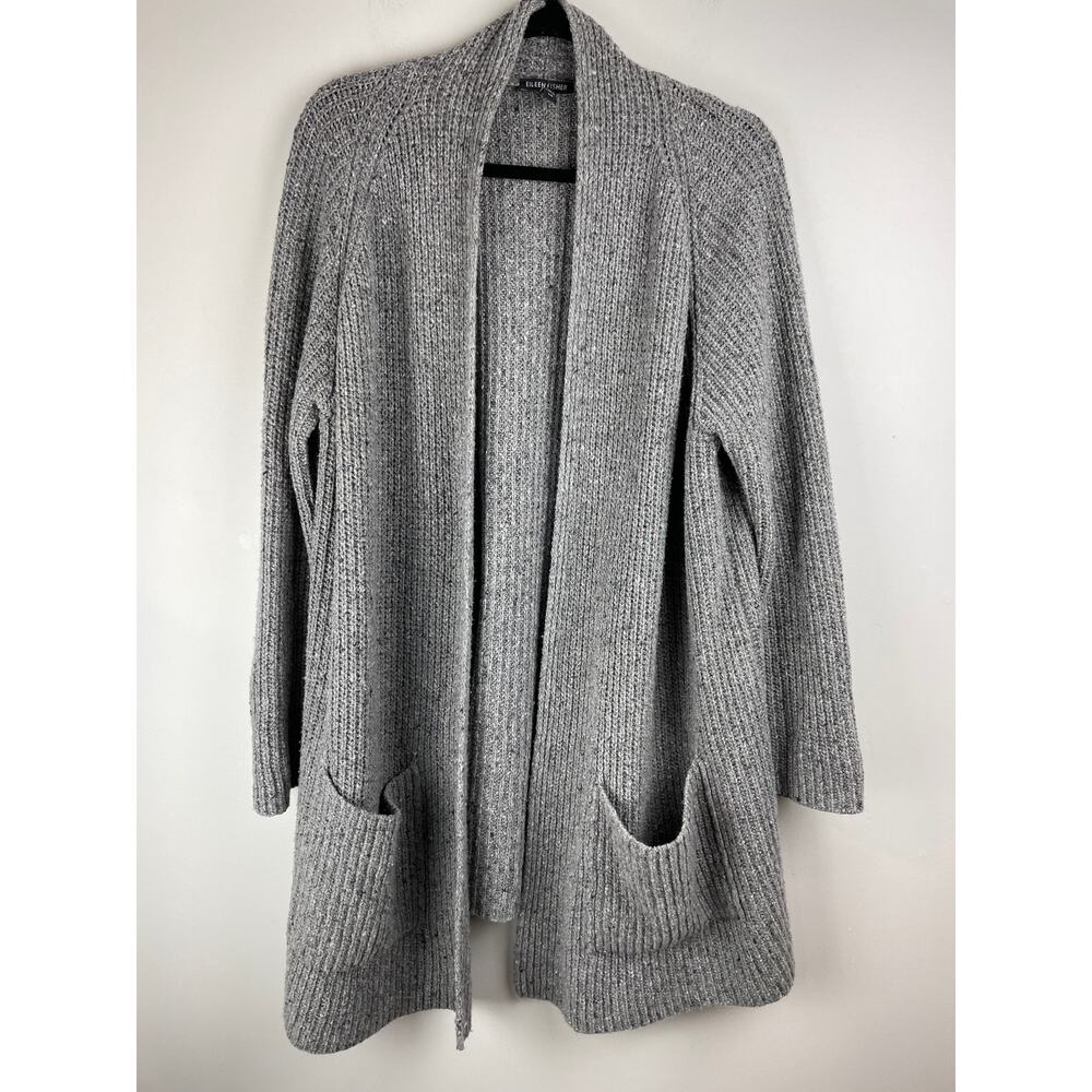 Eileen Fisher Recycled Cashmere Wool Tweed Cardigan Sweater Gray L F1TQE